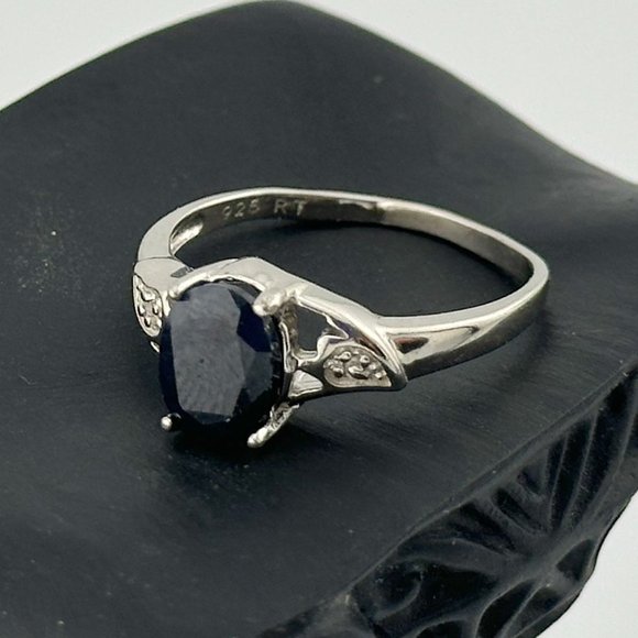 Black Sapphire and Diamond Accent Oval Ring - Sterling Silver - Size 7 - Simple - Picture 8 of 12